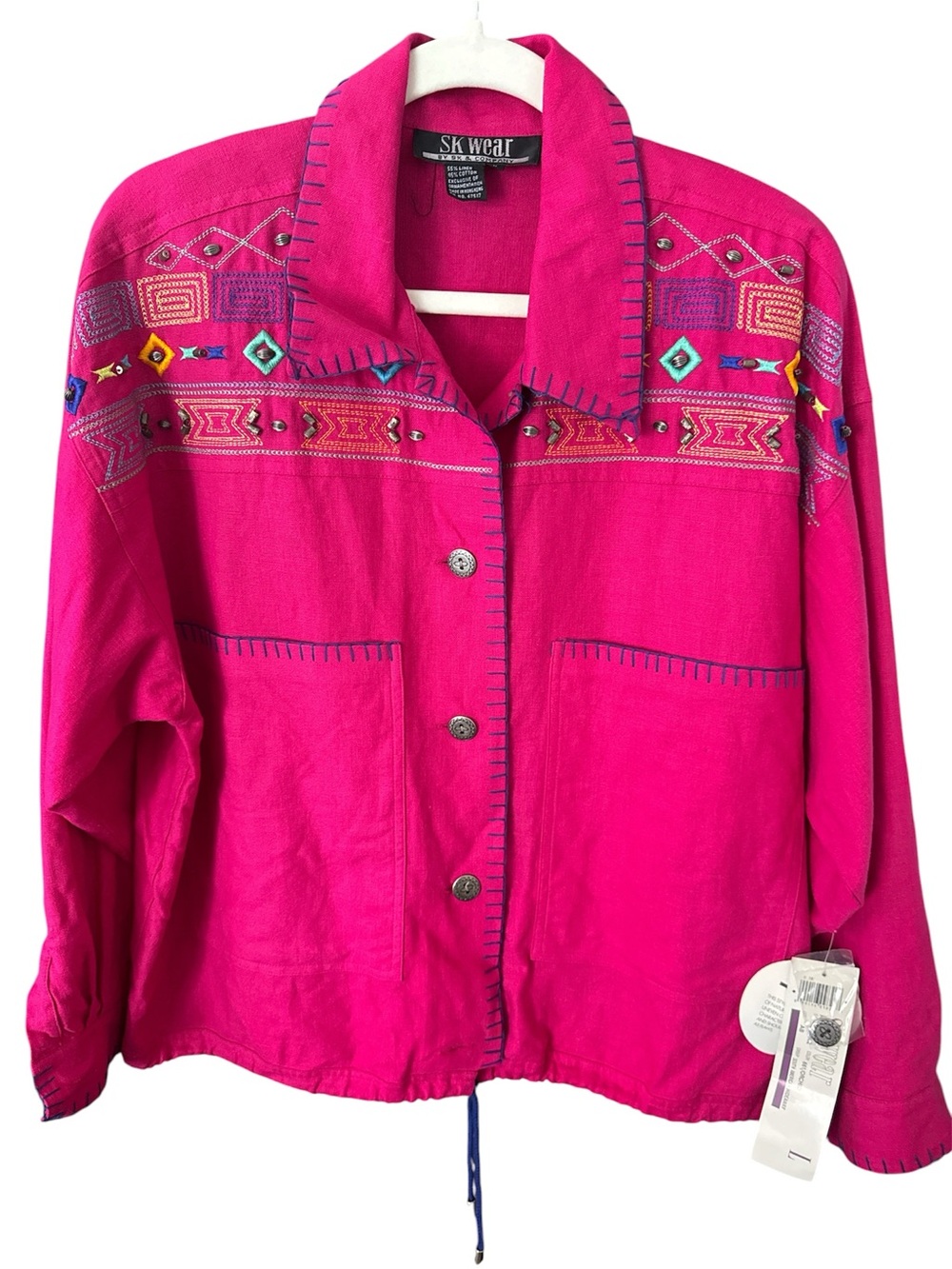 SK Wear Bright Fuchsia Button-Up Jacket  New with Tags Embroidered Aztec design